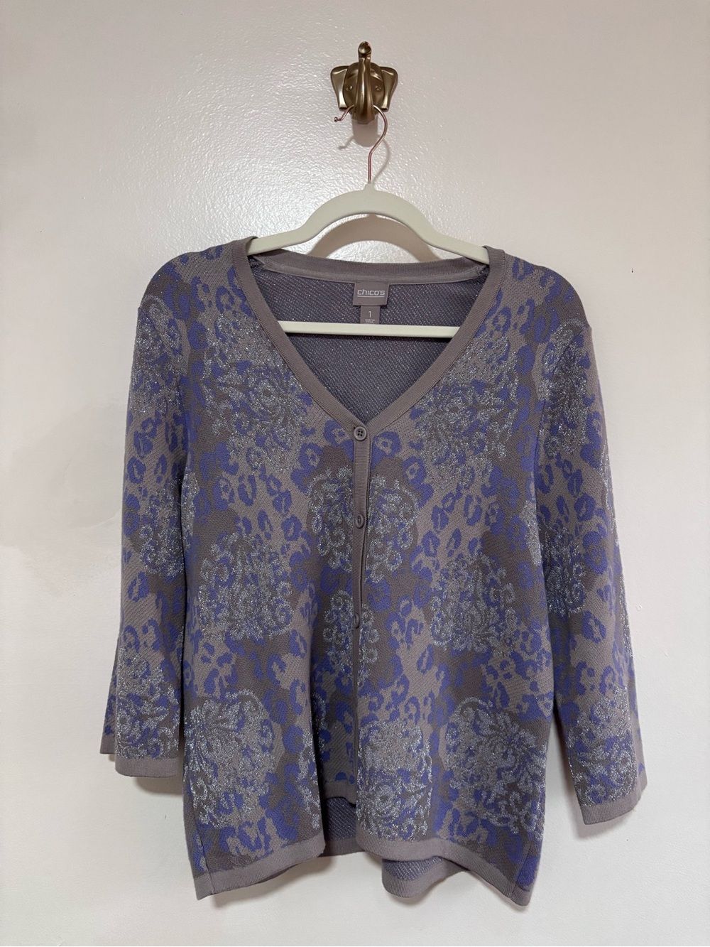 Chico's Lavender, Grey & Silver V-Neck Button Cardigan size 1 with 3/4 sleeves